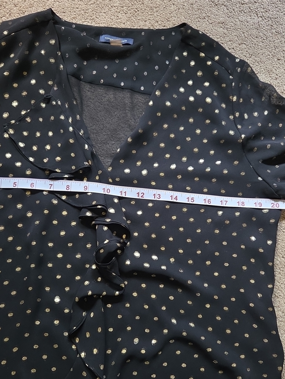Tommy Hilfiger Black Blouse with Gold Polka Dots and Ruffle Front